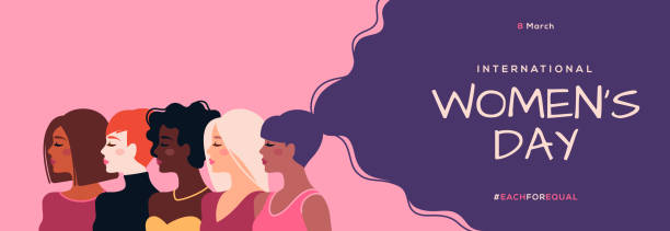 Womens day girls poster International Women's Day horizontal banner. Vector illustration. Woman of different nationalities. Struggle for freedom, equality and independence concept, 8 March. Female diverse faces global girlfriend stock illustrations