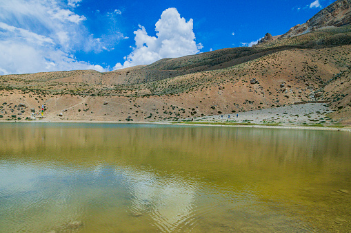 Dhankar Lake is a high altitude lake in Spiti Valley, in the Himachal Pradesh state of India. At an elevation of 4,140 meters, it lies above the Dhankar monastery in the Lahaul-Spiti district, and can be approached by a trek from the monastery.