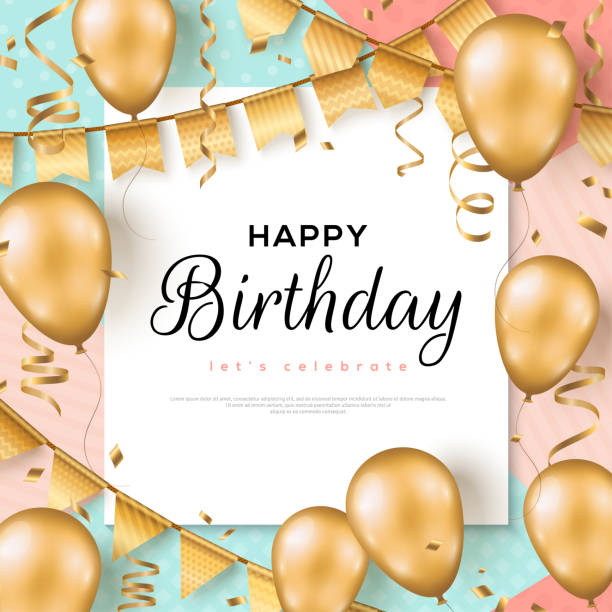 Happy Birthday poster Happy Birthday background. Greeting card, poster template, party invitation frame layout. Vector Illustration. Golden foil confetti, 3d realistic glitter gold balloons and buntings. party background stock illustrations