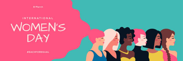 Women's day blue and pink International Women's day blue and pink background with different woman face profile. Greeting card, flyer, poster or brochure template for empowerment movement. Vector illustration. Place for text. global girlfriend stock illustrations