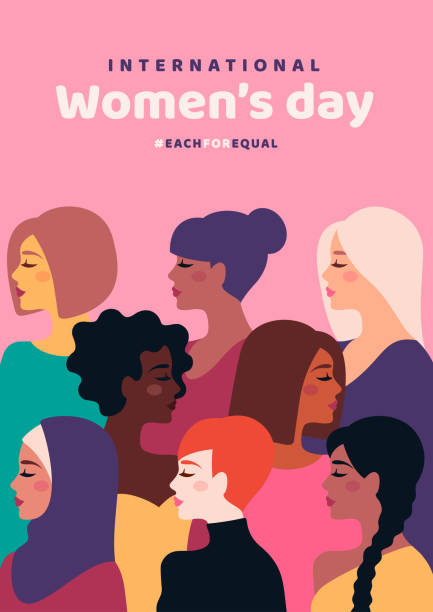 International Womens Day Happy International Women's Day. Vector illustration. Woman different cultures. Freedom, independence, equality struggle poster template design. Girl nationalities, faces profile various hair women stock illustrations