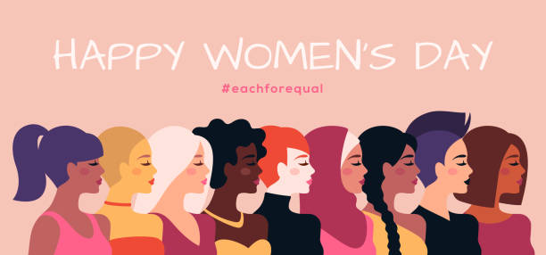 Womens day poster Female diverse faces profile, different ethnicity and hairstyle. Vector illustration. Woman empowerment movement banner or poster. Happy International Women's day, 8 March graphic icons design women stock illustrations