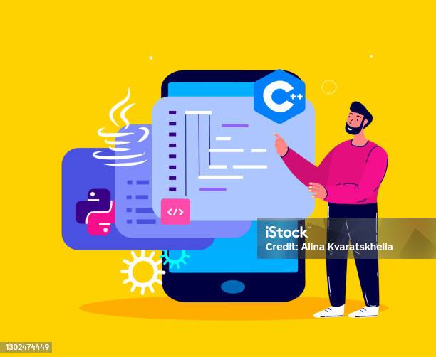 Man Programmer Working On Web Development In Virtual Program Smartphone ...