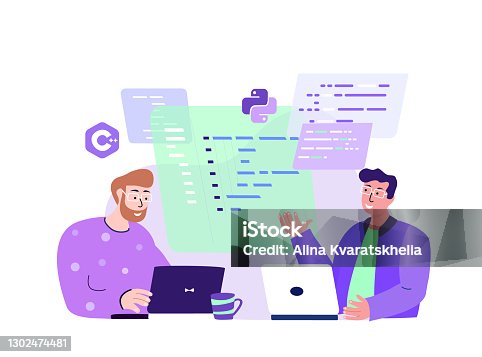 istock Team of Men Programmers Working on Web Development.Brainstorming Process.Script Coding,Programming in php,python, javascript Artificial languages. Software Developer. Flat vector cartoon illustration. 1302474481