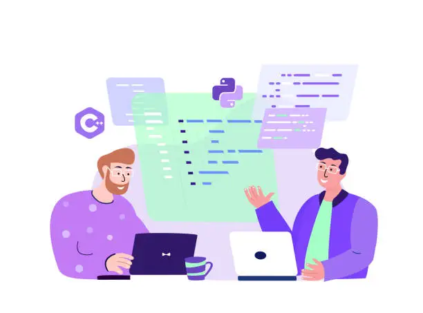 Vector illustration of Team of Men Programmers Working on Web Development.Brainstorming Process.Script Coding,Programming in php,python, javascript Artificial languages. Software Developer. Flat vector cartoon illustration.