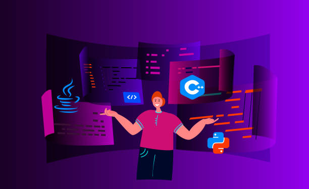 man programmer praca nad web development code artificial program language.script coding,programming in php,python, javascript artificial languages. oprogramowanie developer.flat wektor ilustracji kreskówki. - python stock illustrations