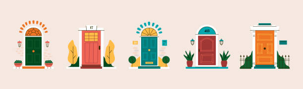 Abstract front door set. Colorful entries exterior design in retro style. Vintage house facade drawings in vector Abstract front door set. Colorful entries exterior design in retro style. Vintage house facade drawings in vector. front door stock illustrations