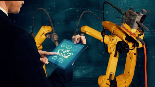 istock Smart industry robot arms modernization for digital factory tech 1302476012
