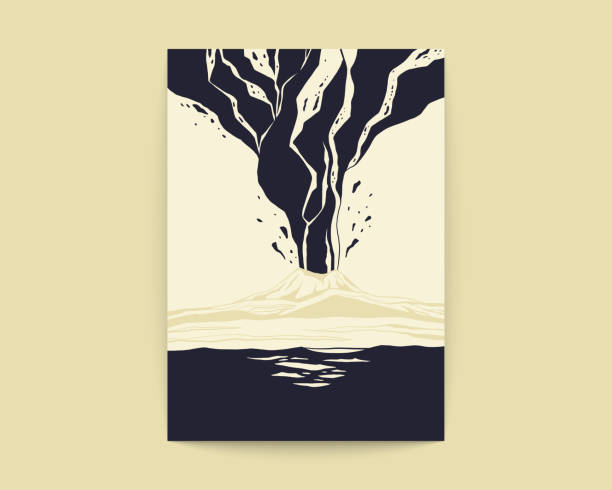 Volcano grunge poster. Mountain peak explosion abstract scenery in black and white colors. Natural style vector picture.