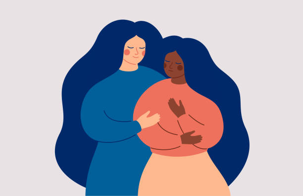 Friends Support Concept. A white woman comforts her best friend who in stress and depression. A black girl is in a difficult situation and needs help. Friends Support Concept. A white woman comforts her best friend who in stress and depression. A black girl is in a difficult situation and needs help. Vector illustration embracing illustrations stock illustrations