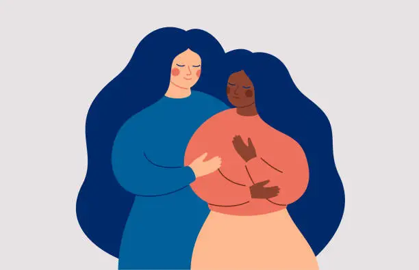 Vector illustration of Friends Support Concept. A white woman comforts her best friend who in stress and depression. A black girl is in a difficult situation and needs help.