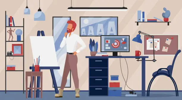 Vector illustration of Creative designer studio workplace, cartoon man illustrator standing at easel, working