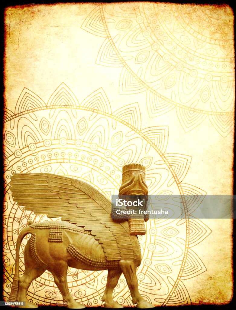 Grunge background with paper texture and lamassu Grunge background with paper texture, zentangle mandala pattern and lamassu - human-headed winged bull statue, Assyrian protective deity. Copy space for text. Mock up template Iraq Stock Photo
