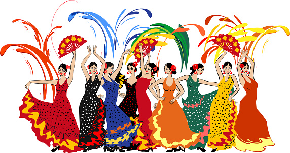 Group of flamenco dancers in colorful traditional spanish dresses and colorful fireworks isolated on white background