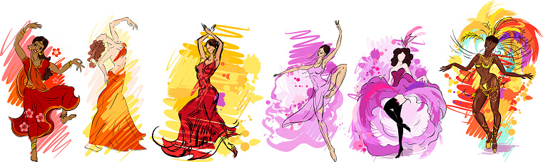 Set of colorful sketches with flamenco, indian, oriental, cancan, samba and contemporary dancers