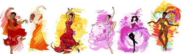 Set of colorful sketches with flamenco, indian, oriental, cancan, samba and contemporary dancers Set of colorful sketches with flamenco, indian, oriental, cancan, samba and contemporary dancers belly dancing stock illustrations