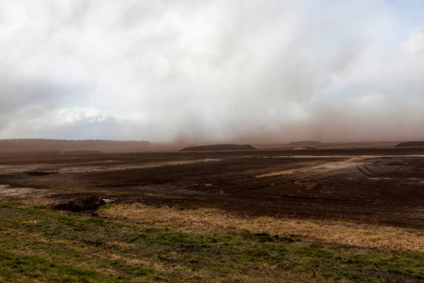 dust from peat excavations flying against the sky during a strong wind, industrial peat extraction, landscape in cold weather with high wind speed, industrial developments