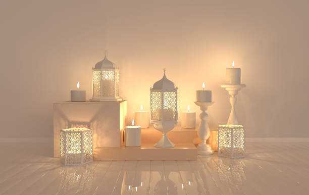 White lantern with candle, lamp with arabic decoration, arabesque design. Concept for islamic celebration day ramadan kareem or eid al fitr adha. 3d rendering illustration