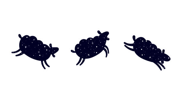 Dark silhouette of a sheep. Three jumping sheep Three jumping sheep. Dark silhouette of a sheep. Sheep in a pattern of shining stars. Flat vector illustration isolated on a white background. ewe stock illustrations