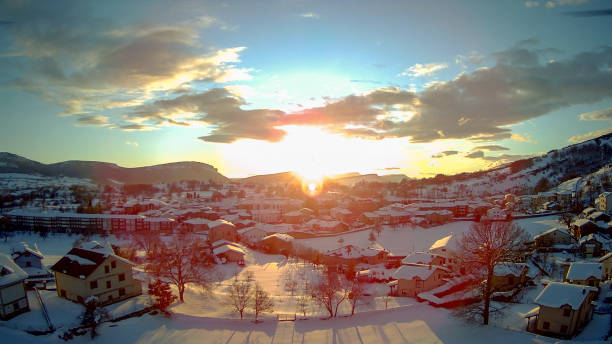 istock Great snowfall in Espinosa de los Monteros, Spain. aerial view 1302480927