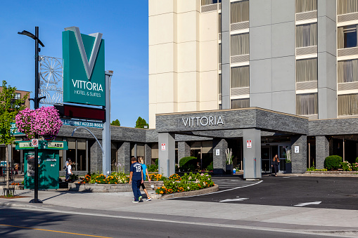 Niagara Falls, Ontario, Canada - September 3, 2019: Entrance of Vittoria Hotel & Suites in Niagara Falls, Ontario, Canada. Vittoria is a family owned and operated boutique hotel.