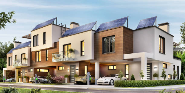 istock Modern house with a terrace and solar panels on the roof 1302486070