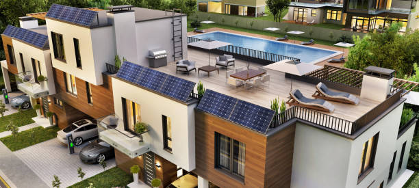 istock Modern house with a terrace and solar panels on the roof 1302486082