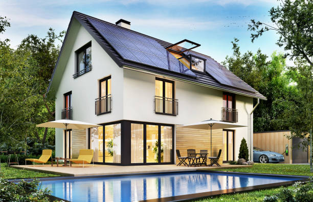 Modern house with solar panels on the roof and electric vehicle Country house with solar panels on the roof and a terrace and swimming pool. houses of stock pictures, royalty-free photos & images