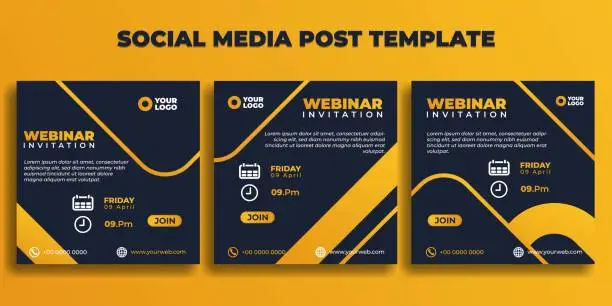 Vector illustration of Set of Social media post template. Webinar invitation banner with dark blue and yellow color design