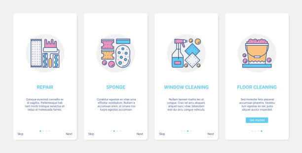 narzędzia do czyszczenia akcesoriów ux, ui onboarding mobile app page screen set with line cleaner cleaning tools ux, ui onboarding mobile app page screen set with line cleaner - mechanic window repairing paint stock illustrations