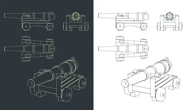 Vector illustration of Vintage Naval Cannon Drawings