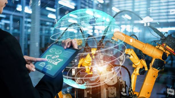 istock Smart industry robot arms modernization for digital factory tech 1302488442