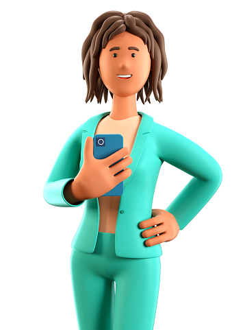 3D illustration of smiling african american woman holding a smartphone. Close up portrait of cartoon businesswoman using phone, isolated on white background. Online communication, mobile connection.