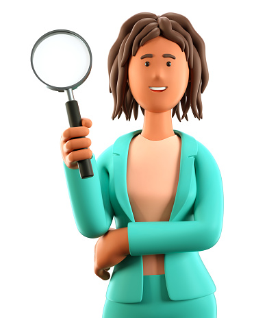 3D illustration of smiling african american woman holding a magnifying glass. Close up portrait of cute cartoon exploring businesswoman in green suit with magnifier, isolated on white background.