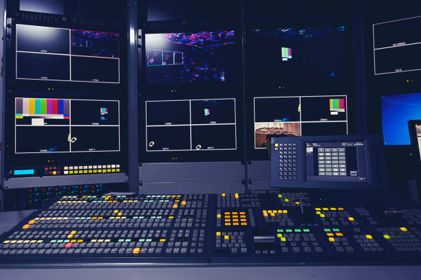 istock Equipment in outside broadcasting van. 1302493157
