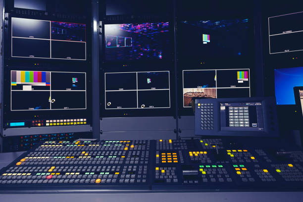 Equipment in outside broadcasting van. USA, Control Room, Broadcasting, Television Industry, Van - Vehicle broadcast studio stock pictures, royalty-free photos & images