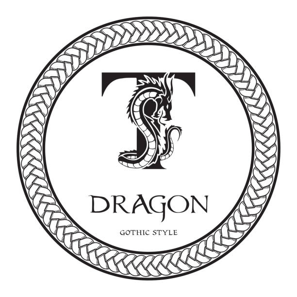 Dragon silhouette inside capital letter T. Elegant Gothic Dragon Logo with tattoo element. Heraldic symbol beast ancient mythology for logotype, emblem, monogram, icon, business card, brand name. Dragon silhouette inside capital letter T. Elegant Gothic Dragon Logo with tattoo element. Heraldic symbol beast ancient mythology for logotype, emblem, monogram, icon, business card, brand name celtic dragon tattoo stock illustrations