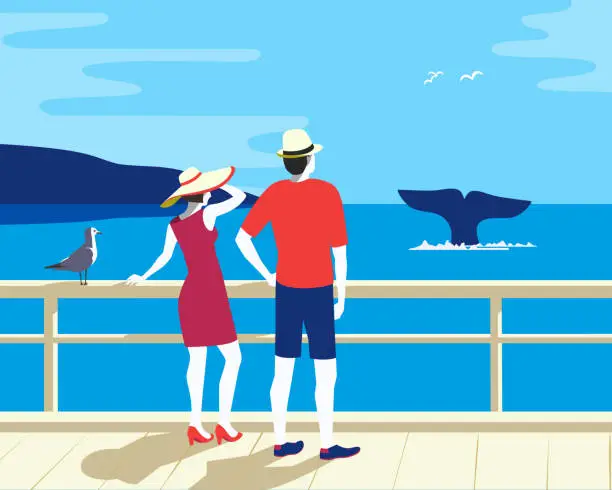 Vector illustration of Whale Tail in Ocean Watching Tourism flat vector