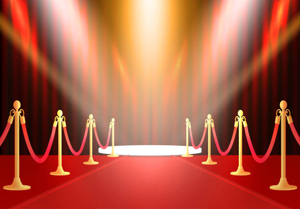 istock Red background with carpet, path barriers 3d and curtain.Luxury entrance to vip event or celebrity party isolated on white background.An empty podium for the award ceremony.Stock vector background. 1302493869