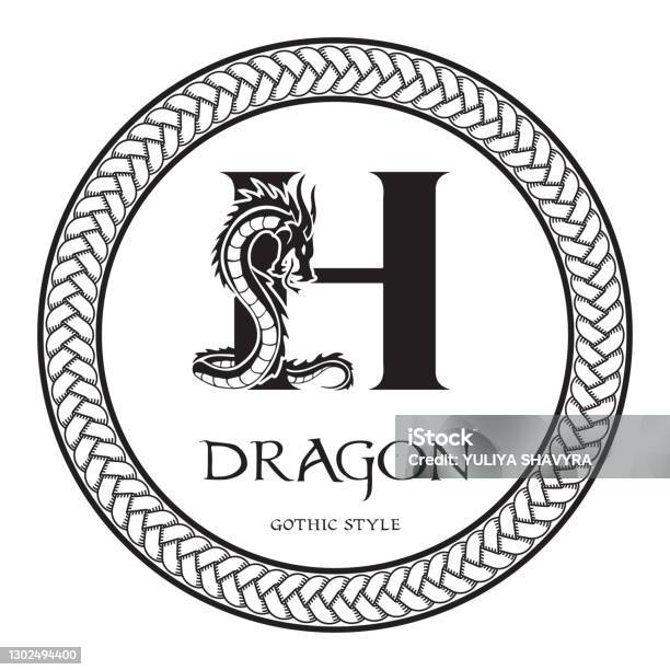Dragon Silhouette Inside Capital Letter H Elegant Gothic Dragon Logo With Tattoo Element Heraldic Symbol Beast Dragon Silhouette Inside Capital Letter H Elegant Gothic Dragon Logo With Tattoo Element Heraldic Symbol Beast