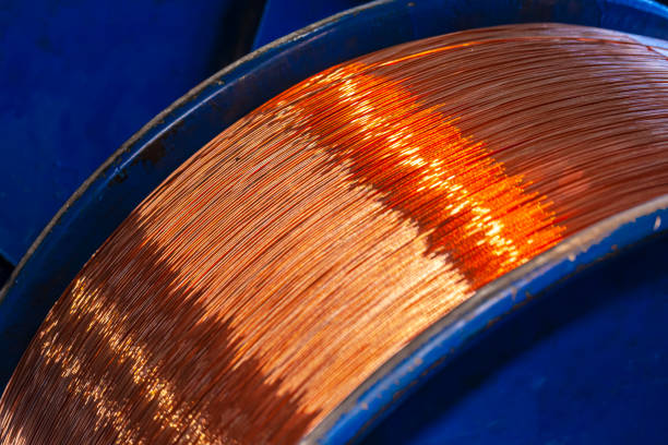 istock Copper wire reels in cable factory close up 1302495183