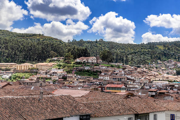 Panoramic roof top view at the houses in Cusco and San Cristobal church located on the hill above City as viewed from the roof in San Francisco de Asís Church.