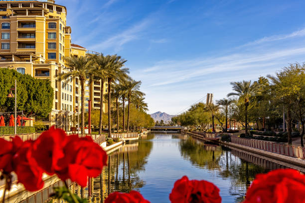 scottsdale arizona waterfront canal scene - arizona desert photography color image - fotografias e filmes do acervo