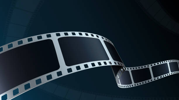 realistische 3d filmstreifen kino auf blauem hintergrund mit platz für text. moderner 3d-isometrischer filmstreifen perspektivisch. vector kinofestival. filmvorlage für festival-plakat, hintergrund, broschüre. - kino stock-grafiken, -clipart, -cartoons und -symbole