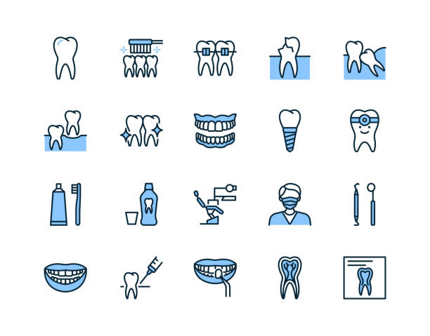 stockillustraties, clipart, cartoons en iconen met tandheelkunde platte lijn pictogram set blauwe kleur. het illustratiesymbool van de vector voor het ontwerp van de tandkliniek. inclusief orthodontie, prothesebehandeling en verzorging. bewerkbare lijnen - dental