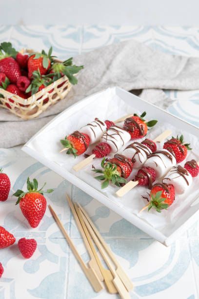 Dessert Skewers with Marshmallows Strawberries and Chocolate
