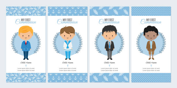 ilustrações, clipart, desenhos animados e ícones de conjunto de quatro garotos primeiro cartão de comunhão - communion