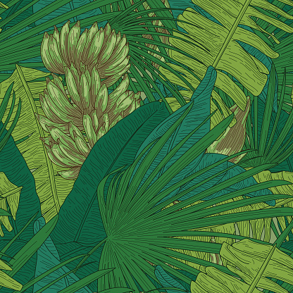 A fun, summery seamless print featuring detailed line art of tropical plants.