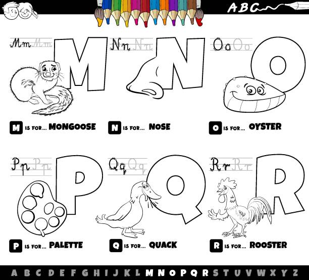 edukacyjne litery alfabetu kreskówki ustawione od strony książki kolorowej m do r - education learning preschool letter q stock illustrations