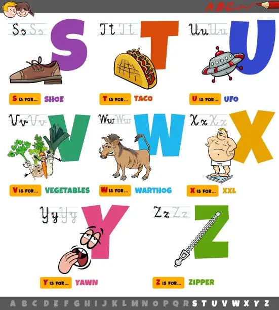 Vector illustration of educational cartoon alphabet letters for kids set from S to Z